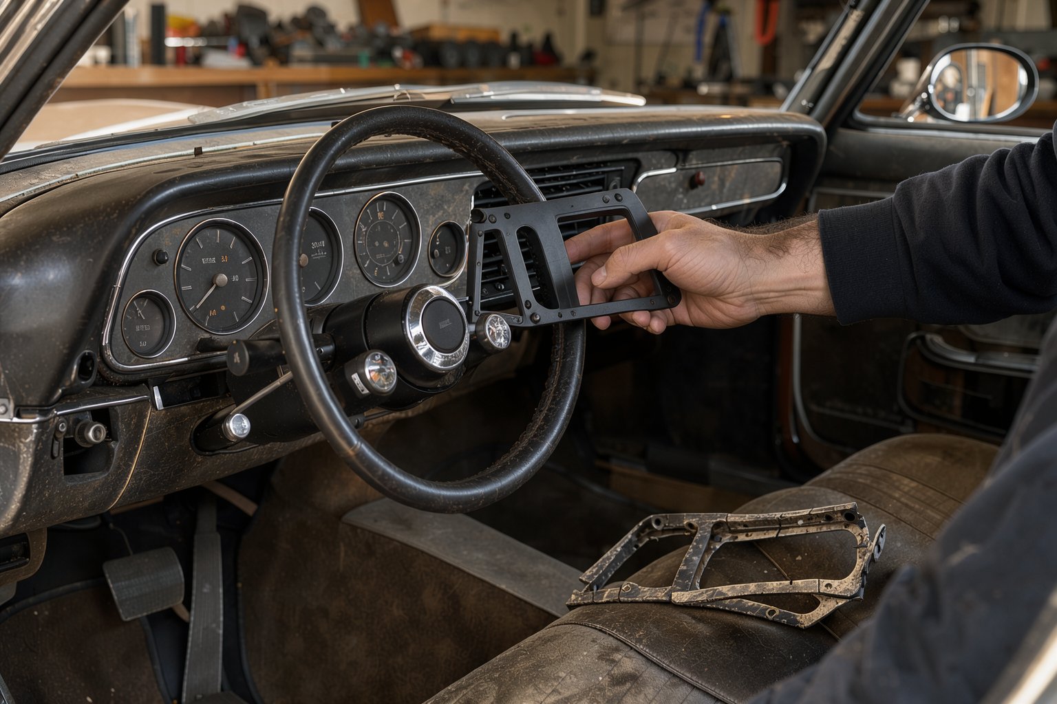 A new black vent bezel being fitted into a classic car dashboard, the cracked original on the seat
