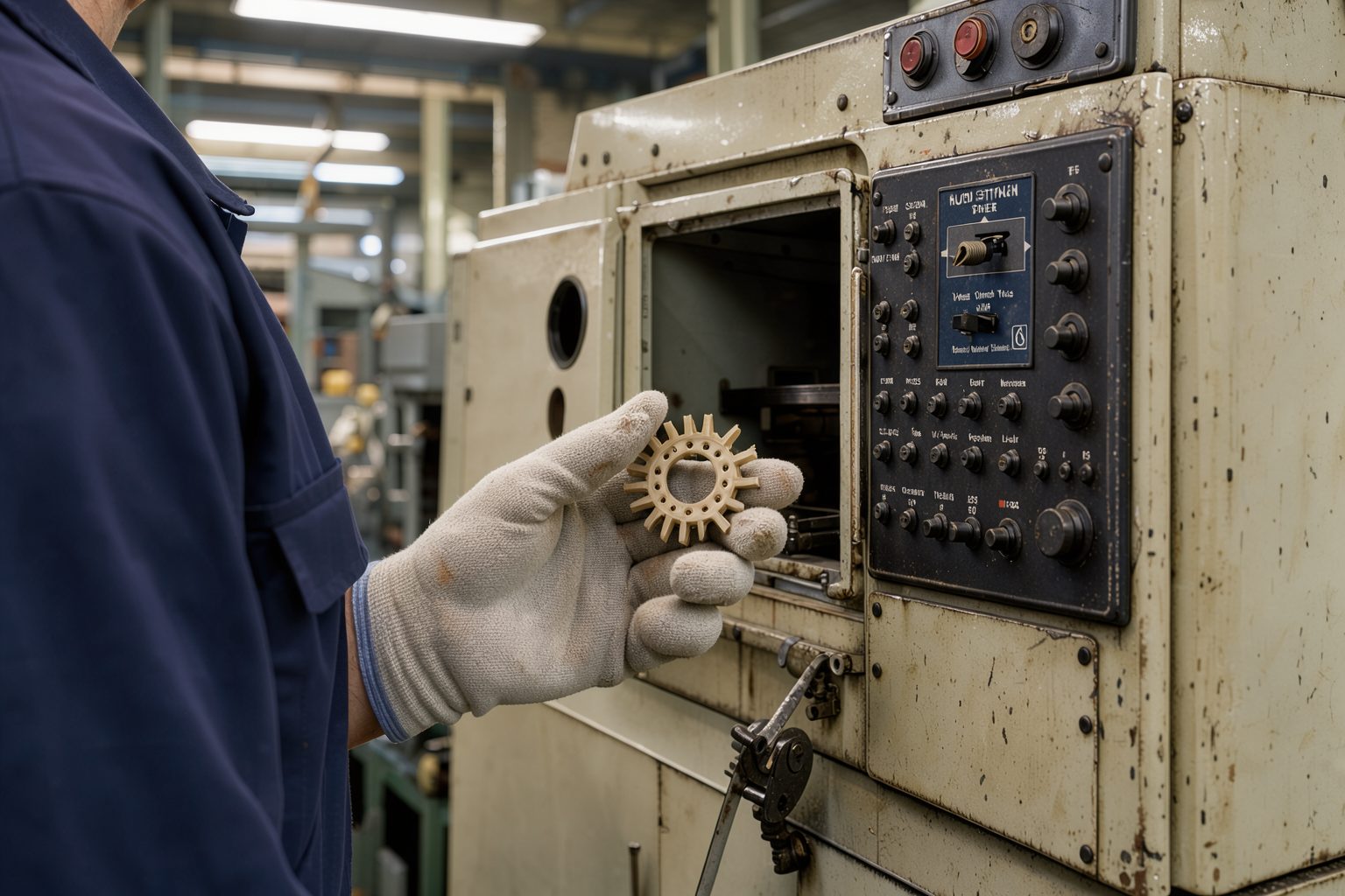 A technician holding an old plastic gear from a vintage machine