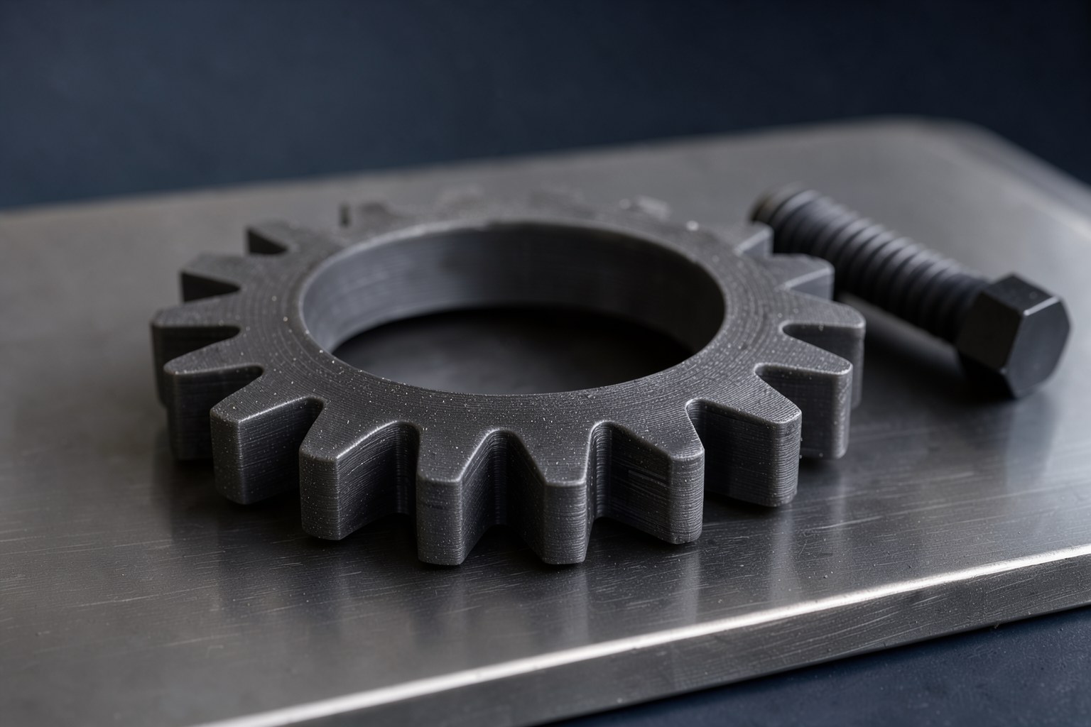 Close-up of a carbon-fiber nylon printed gear showing its fine layer lines