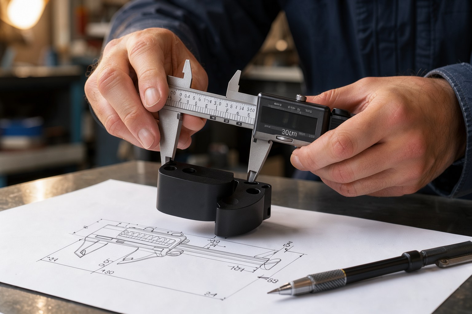 Digital calipers measuring a black plastic part over its engineering drawing